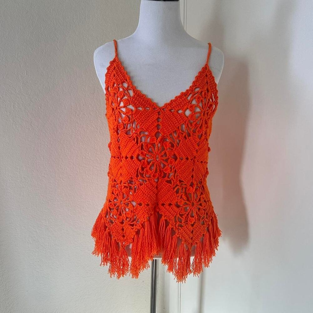 Handmade Crochet Boho Fringe Tank Top Red Orange Festival Beachwear